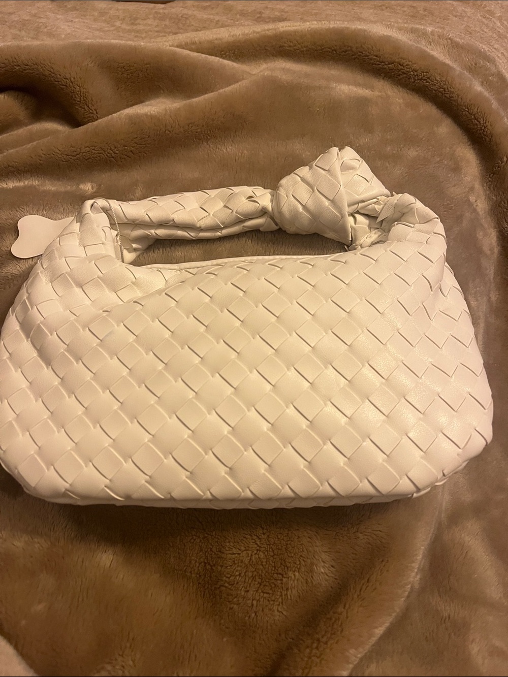 Woven Knot-Handle Shoulder Bag in Off-White- small